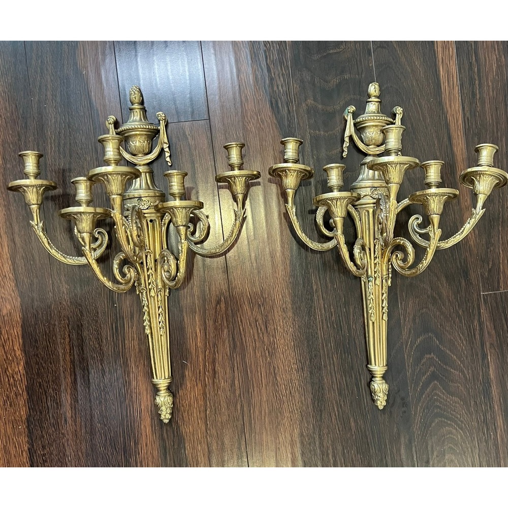 Vintage Pair Heavy Brass 5 Arm Wall Candelabra Sconces Ornate Neoclassical